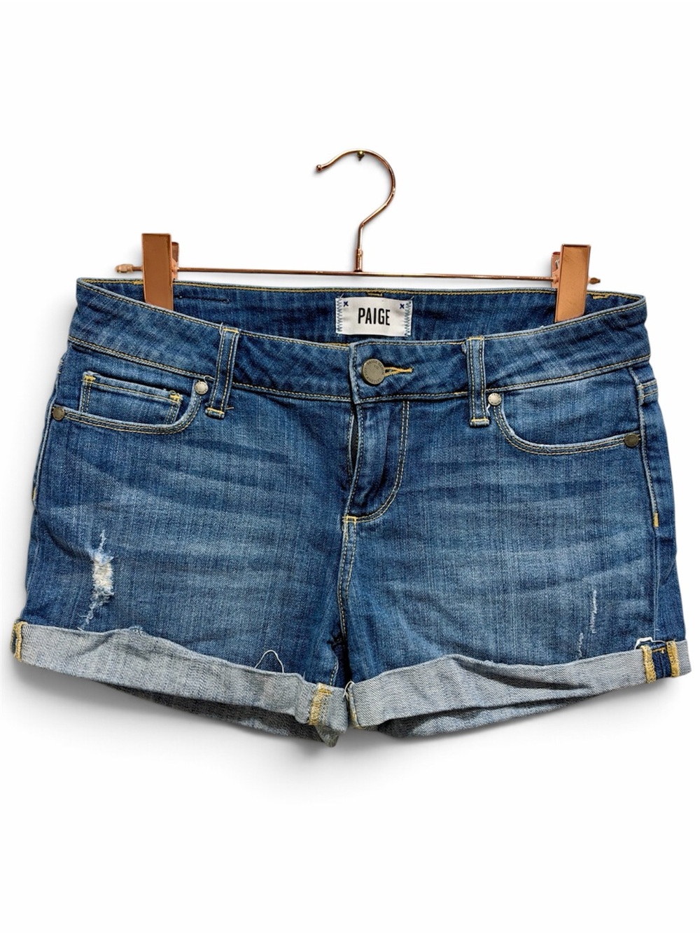 PAIGE Jimmy Jimmy Low Rise Cuffed Distressed Denim Shorts Size 26